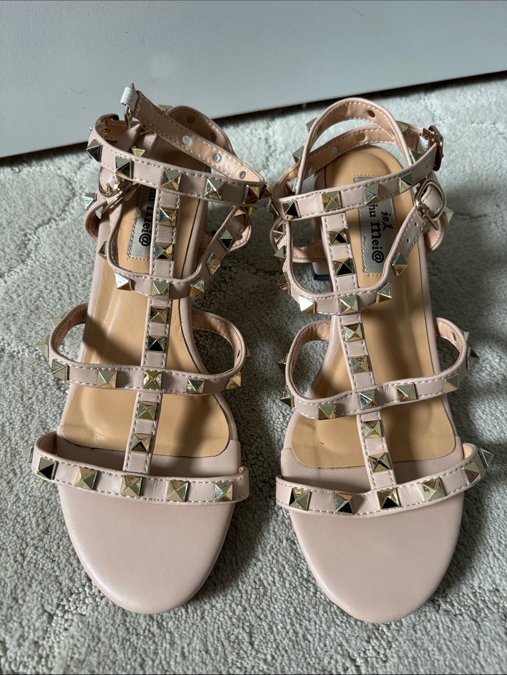 Vegan Leather Nude Studded Block Heel Sandals Sz 39 8 or 8 1/2